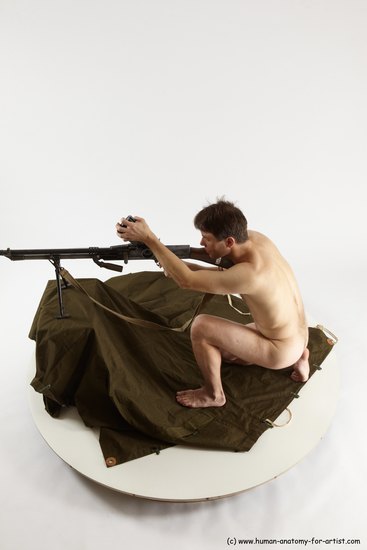 Nude Fighting with submachine gun Man White Slim Short Brown Multi angles poses Realistic