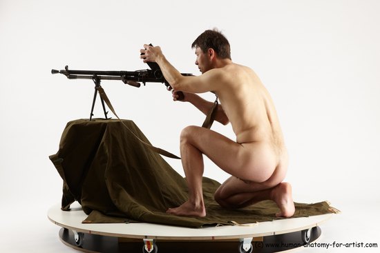 Nude Fighting with submachine gun Man White Slim Short Brown Multi angles poses Realistic