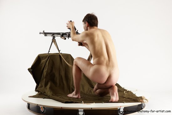 Nude Fighting with submachine gun Man White Slim Short Brown Multi angles poses Realistic