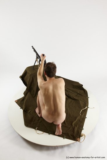 Nude Fighting with submachine gun Man White Slim Short Brown Multi angles poses Realistic