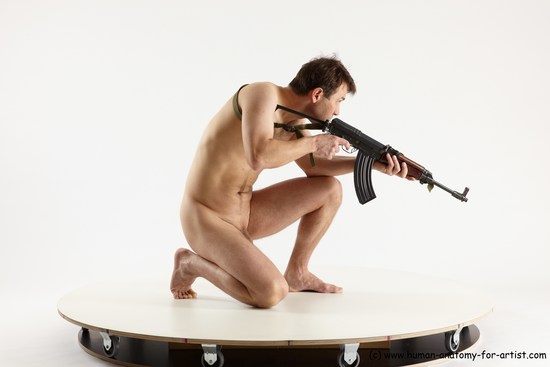 Nude Fighting with submachine gun Man White Slim Short Brown Multi angles poses Realistic