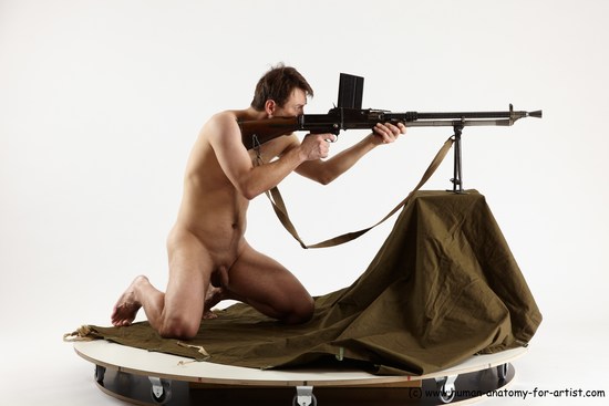 Nude Fighting with submachine gun Man White Slim Short Brown Multi angles poses Realistic