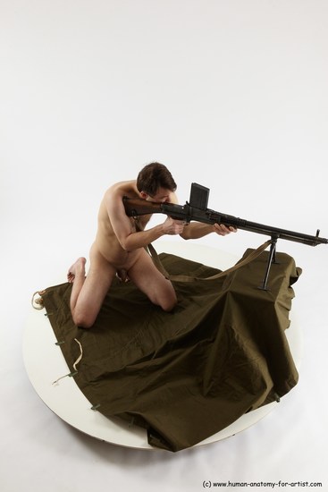 Nude Fighting with submachine gun Man White Slim Short Brown Multi angles poses Realistic