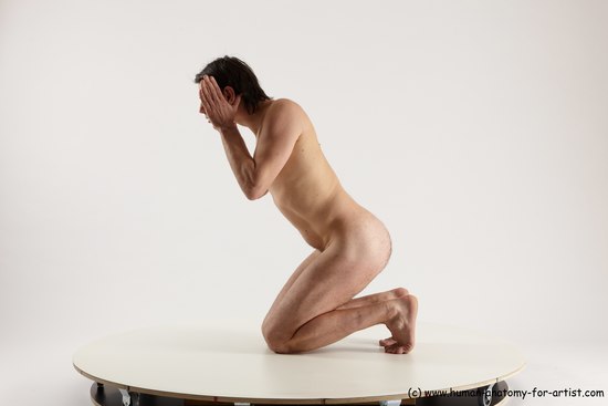 Nude Man White Kneeling poses - ALL Slim Short Brown Kneeling poses - on both knees Multi angles poses Realistic