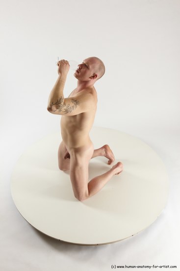 Nude Man White Kneeling poses - ALL Slim Bald Kneeling poses - on both knees Multi angles poses Realistic