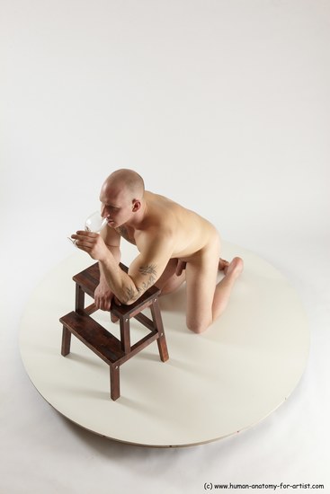 Nude Man White Kneeling poses - ALL Slim Bald Kneeling poses - on both knees Multi angles poses Realistic