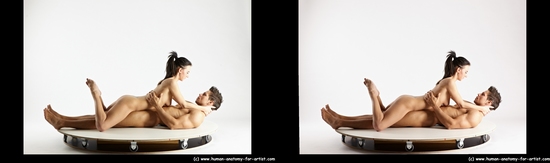 Nude Woman - Man White Laying poses - ALL Muscular Short Brown Laying poses - on back 3D Stereoscopic poses Realistic