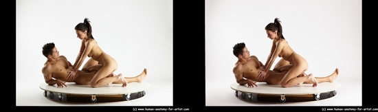 Nude Woman - Man White Laying poses - ALL Muscular Short Brown Laying poses - on back 3D Stereoscopic poses Realistic