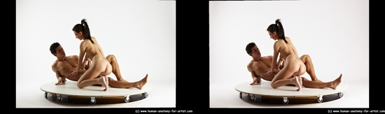 Nude Woman - Man White Laying poses - ALL Muscular Short Brown Laying poses - on back 3D Stereoscopic poses Realistic