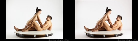 Nude Woman - Man White Laying poses - ALL Muscular Short Brown Laying poses - on back 3D Stereoscopic poses Realistic