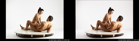 Nude Woman - Man White Laying poses - ALL Muscular Short Brown Laying poses - on back 3D Stereoscopic poses Realistic