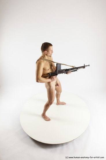 Nude Fighting with submachine gun Man White Slim Short Brown Multi angles poses Realistic