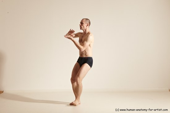 Underwear Gymnastic poses Man White Slim Bald Dancing Dynamic poses Academic