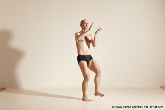 Underwear Gymnastic poses Man White Slim Bald Dancing Dynamic poses Academic