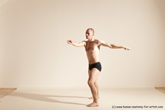 Underwear Gymnastic poses Man White Slim Bald Dancing Dynamic poses Academic