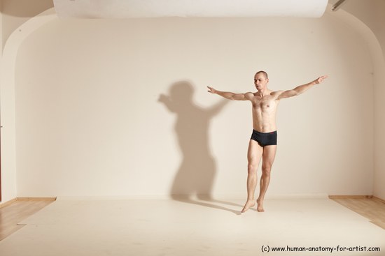 Underwear Gymnastic poses Man White Slim Bald Dancing Dynamic poses Academic