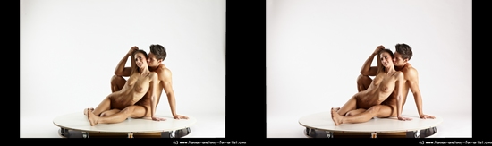 Nude Woman - Man White Sitting poses - simple Muscular Short Brown Sitting poses - ALL 3D Stereoscopic poses Realistic