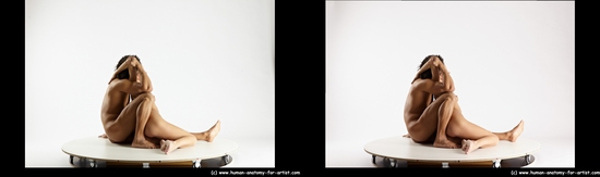 Nude Woman - Man White Sitting poses - simple Muscular Short Brown Sitting poses - ALL 3D Stereoscopic poses Realistic