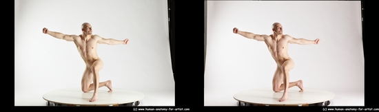 Nude Man White Kneeling poses - ALL Muscular Bald Kneeling poses - on one knee 3D Stereoscopic poses Realistic