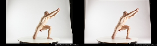 Nude Man White Kneeling poses - ALL Muscular Bald Kneeling poses - on one knee 3D Stereoscopic poses Realistic