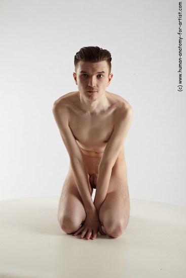 Nude Man White Kneeling poses - ALL Slim Short Brown Kneeling poses - on both knees Realistic