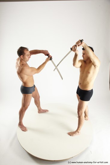 Underwear Fighting with sword Man - Man White Muscular Short Brown Multi angles poses Academic