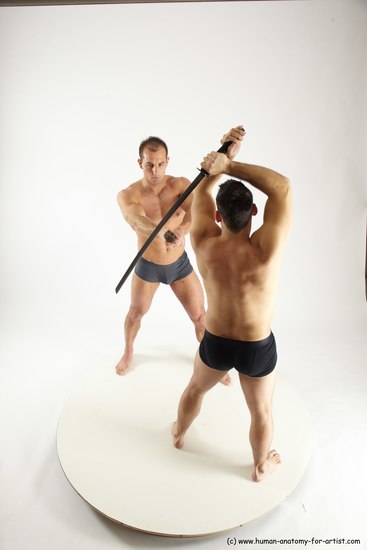 Underwear Fighting with sword Man - Man White Muscular Short Brown Multi angles poses Academic