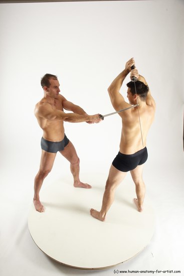 Underwear Fighting with sword Man - Man White Muscular Short Brown Multi angles poses Academic