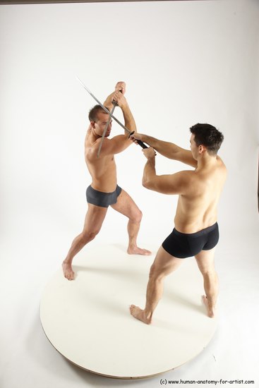 Underwear Fighting with sword Man - Man White Muscular Short Brown Multi angles poses Academic