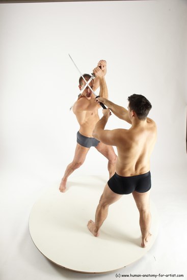 Underwear Fighting with sword Man - Man White Muscular Short Brown Multi angles poses Academic