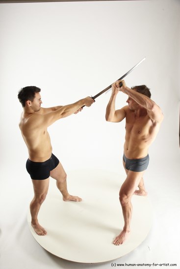 Underwear Fighting with sword Man - Man White Muscular Short Brown Multi angles poses Academic