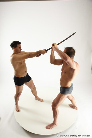 Underwear Fighting with sword Man - Man White Muscular Short Brown Multi angles poses Academic