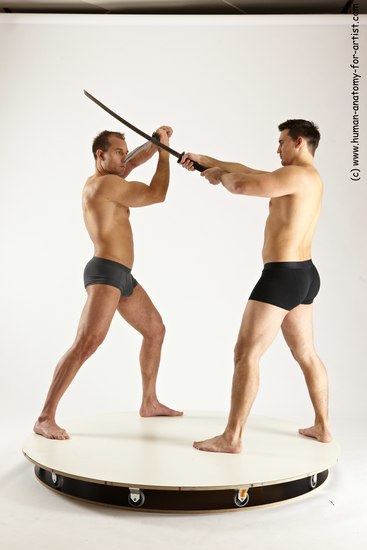 Underwear Fighting with sword Man - Man White Muscular Short Brown Multi angles poses Academic