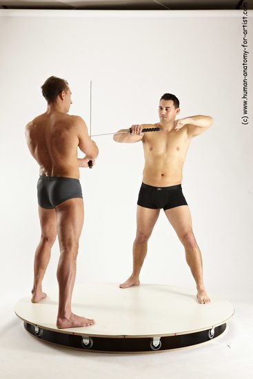 Underwear Fighting with sword Man - Man White Muscular Short Brown Multi angles poses Academic