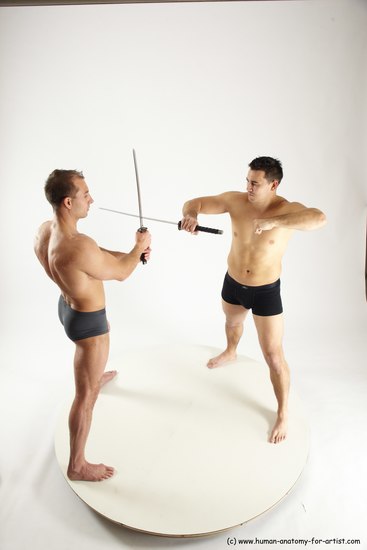 Underwear Fighting with sword Man - Man White Muscular Short Brown Multi angles poses Academic