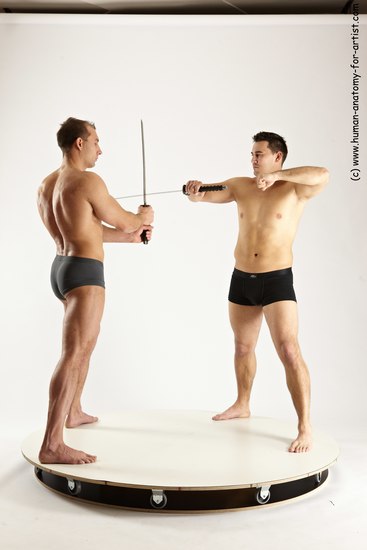 Underwear Fighting with sword Man - Man White Muscular Short Brown Multi angles poses Academic