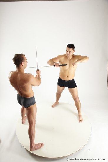 Underwear Fighting with sword Man - Man White Muscular Short Brown Multi angles poses Academic