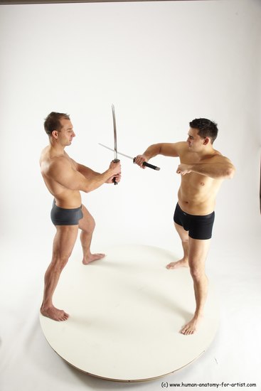 Underwear Fighting with sword Man - Man White Muscular Short Brown Multi angles poses Academic