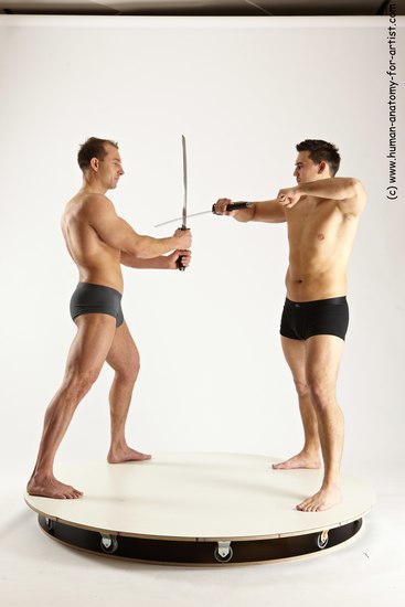 Underwear Fighting with sword Man - Man White Muscular Short Brown Multi angles poses Academic