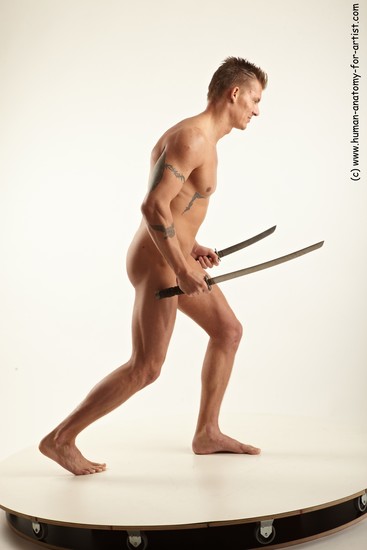 Nude Fighting with sword Man White Athletic Short Blond Realistic