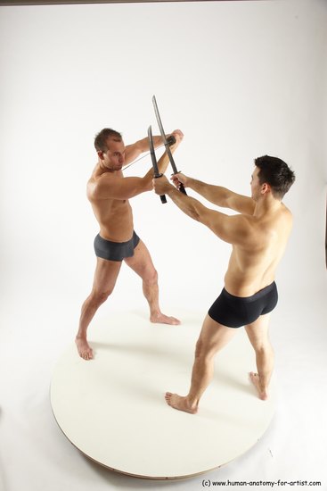 Underwear Fighting with sword Man - Man White Muscular Short Brown Multi angles poses Academic