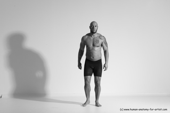 Underwear Gymnastic poses Man Black Muscular Bald Dancing Dynamic poses Academic