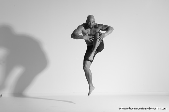 Underwear Gymnastic poses Man Black Muscular Bald Dancing Dynamic poses Academic