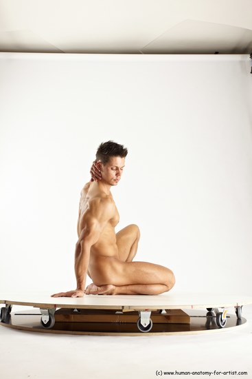 Nude Man White Muscular Short Brown Sitting poses - ALL Sitting poses - on knees Multi angles poses Realistic