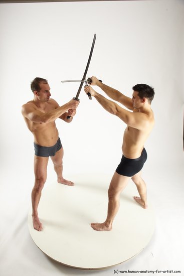 Underwear Fighting with sword Man - Man White Muscular Short Brown Multi angles poses Academic