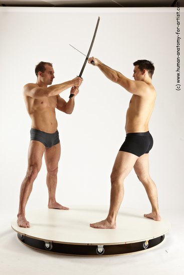 Underwear Fighting with sword Man - Man White Muscular Short Brown Multi angles poses Academic