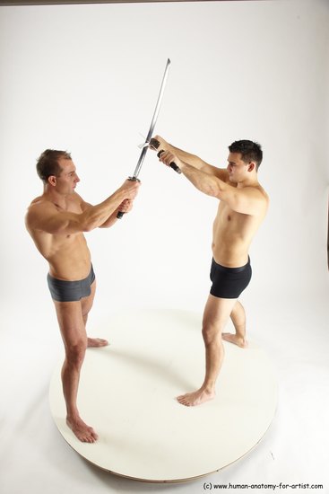 Underwear Fighting with sword Man - Man White Muscular Short Brown Multi angles poses Academic