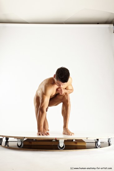 Nude Man White Kneeling poses - ALL Muscular Short Brown Kneeling poses - on one knee Multi angles poses Realistic