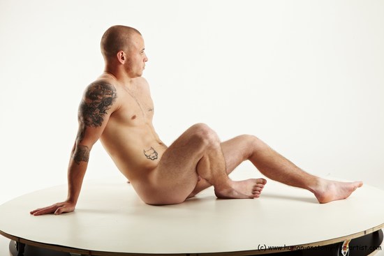 Nude Man White Sitting poses - simple Muscular Bald Sitting poses - ALL Realistic