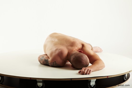 Nude Man White Laying poses - ALL Muscular Bald Laying poses - on side Realistic